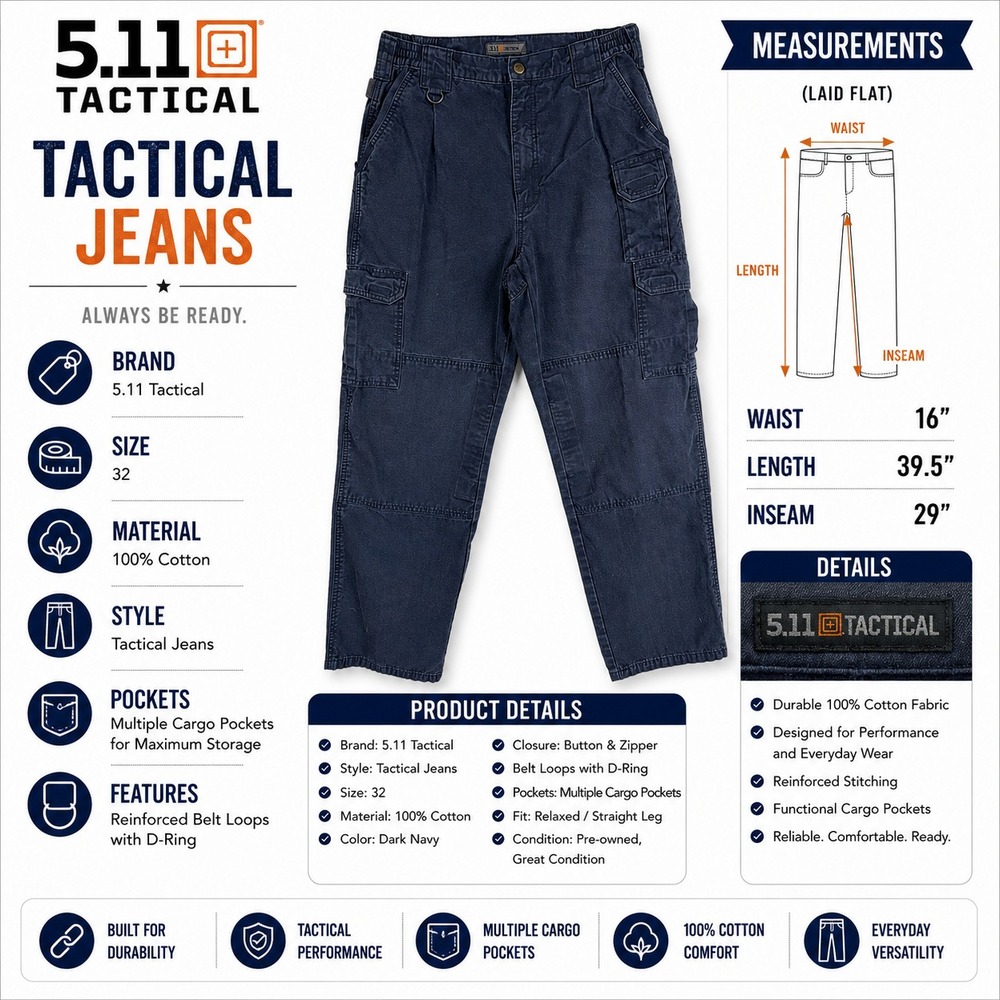 5.11 Tactical Mens Cargo Pants‎ Navy Blue Utility Work Trousers 32 x 29 - Picture 2 of 11
